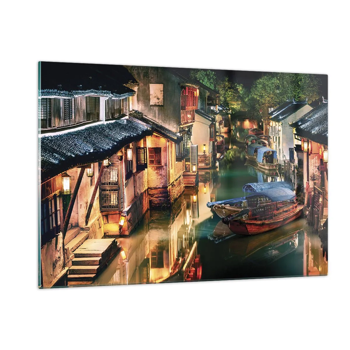 Obraz na szkle - Chińska ulica nocą z łodziami i światłami wzdłuż kanału - 120x80cm - Wieczór na chińskiej ulicy - Nowoczesna dekoracja ścienna do salonu, kuchni i sypialni ARTTOR