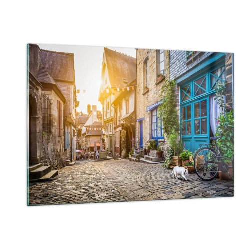 Obraz na szkle - Urokliwa ulica w miasteczku z białym kotem i rowerem - 120x80cm - Biały duch miasteczka - Nowoczesna dekoracja ścienna do salonu, kuchni i sypialni ARTTOR