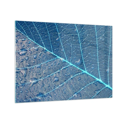 Obraz na szkle - Makrofotografia liścia z kroplami wody w odcieniach błękitu - 70x50cm - Życie w błękicie - Nowoczesna dekoracja ścienna do salonu i sypialni ARTTOR