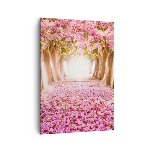 Obraz na płótnie - Aleja drzew z różowymi kwiatami tworząca tunel kwiatowy - 50x70cm - Droga do raju - Nowoczesna dekoracja ścienna do salonu, kuchni i sypialni ARTTOR