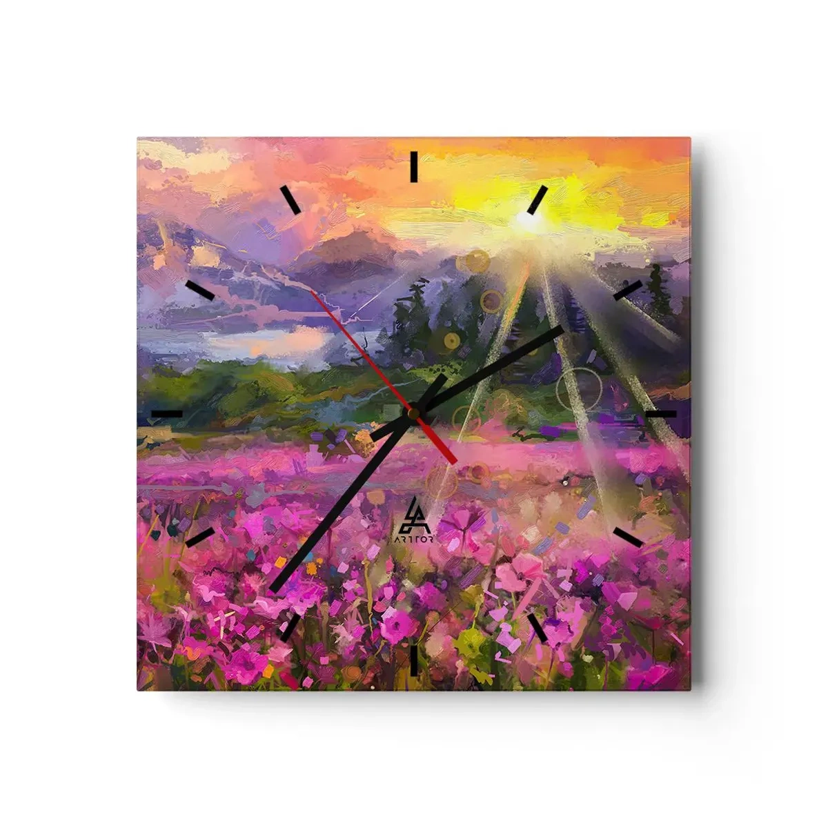 Zegar ścienny - Malownicza łąka w promieniach zachodzącego słońca - 30x30cm - W dolinie pod opieką słońca - Nowoczesna dekoracja ścienna do salonu i sypialni ARTTOR
