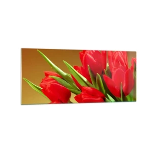 Obraz na szkle - Bukiet czerwonych tulipanów na złotym tle z zielonymi liśćmi - 120x50cm - Pęk wiosennej radości - Nowoczesna dekoracja ścienna do salonu i sypialni ARTTOR