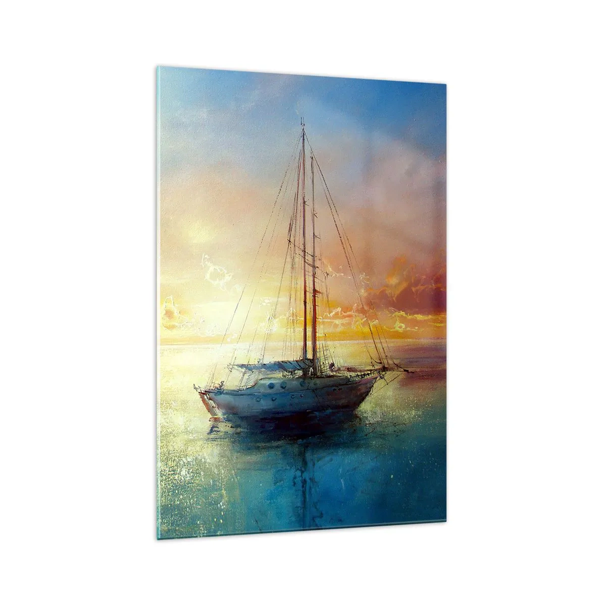 Obraz na szkle - Jacht na spokojnym morzu o zachodzie słońca - 70x100cm - W złotej zatoce - Nowoczesna dekoracja ścienna do salonu i sypialni ARTTOR