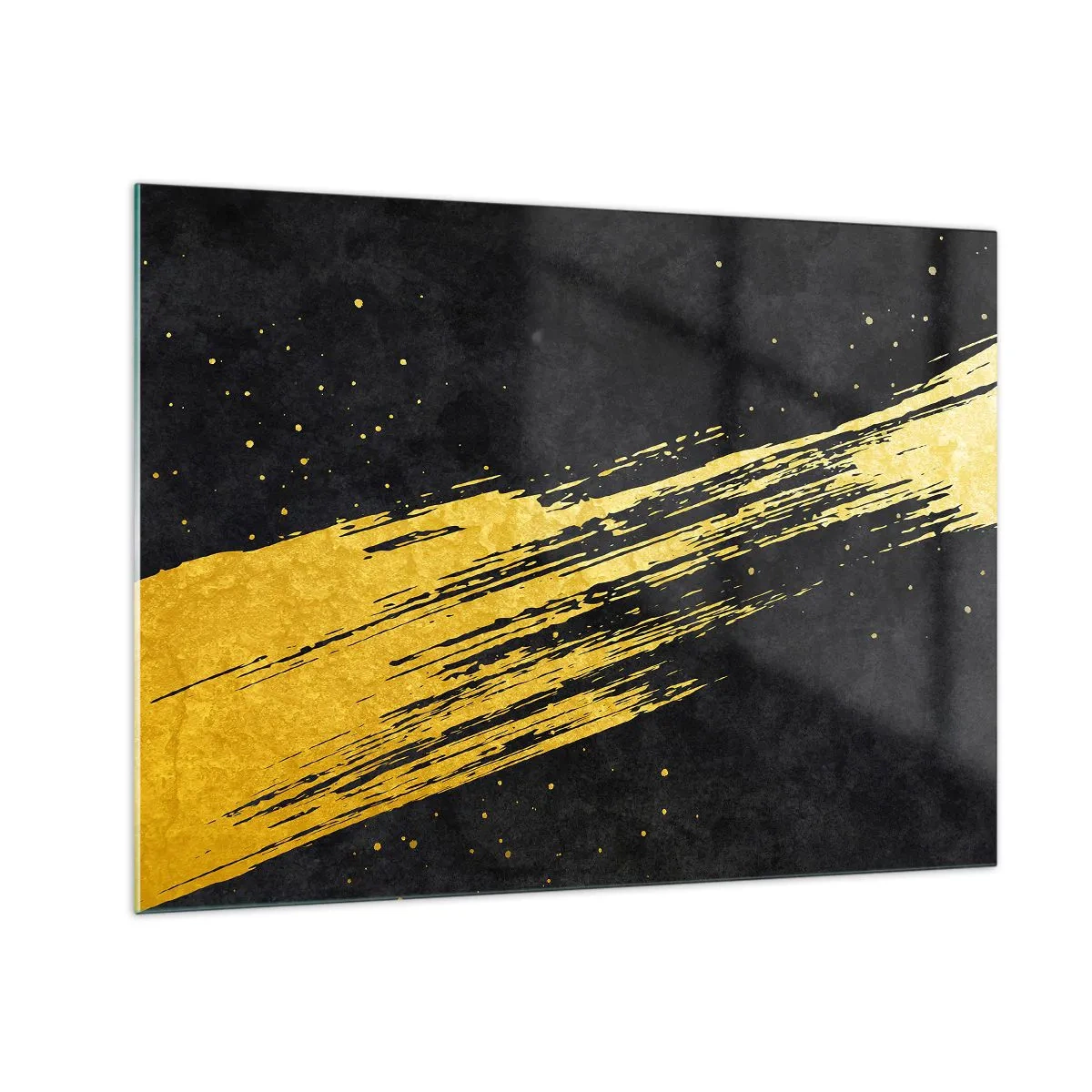 Obraz na szkle - Złoty pędzel na czarnym tle w dynamicznej, abstrakcyjnej formie - 70x50cm - Skok w nadprzestrzeń - Nowoczesna dekoracja ścienna do salonu i sypialni ARTTOR