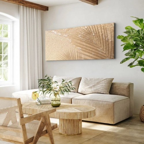 Obraz na płótnie - Cień palmy na piasku z delikatnym wzorem fal - 140x50cm - Cień gorącego lata - Nowoczesna dekoracja ścienna do salonu i sypialni ARTTOR