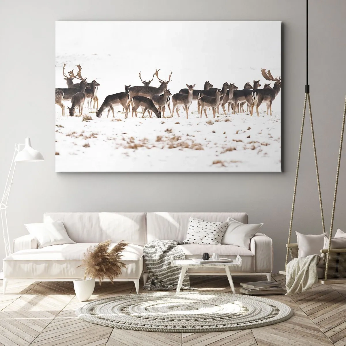 Obraz na płótnie - Stado jeleni na śnieżnym tle - 70x50cm - Idą święta? - Nowoczesna dekoracja ścienna do salonu i sypialni ARTTOR