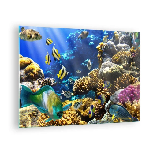 Obraz na szkle - Rafa koralowa z kolorowymi rybami i podwodnym światłem - 70x50cm - Duży ruch na wakacyjnym szlaku - Nowoczesna dekoracja ścienna do salonu i sypialni ARTTOR