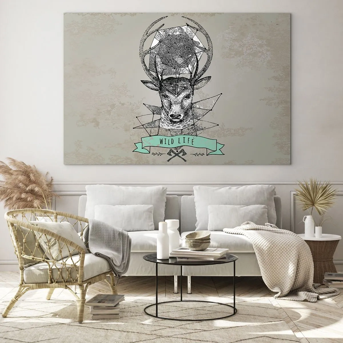 Obraz na szkle - Geometriczny rysunek jelenia z napisem Wild Life - 100x70cm - Widzenie św. Hubertusa - Nowoczesna dekoracja ścienna do salonu, kuchni i sypialni ARTTOR