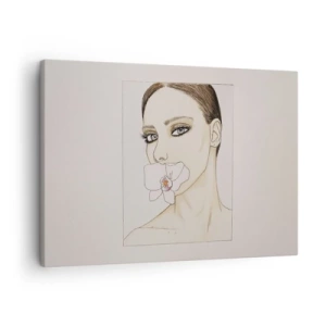 Obraz na płótnie - Portret kobiety z orchideą w delikatnych barwach - 70x50cm - Symbol elegancji i piękna - Nowoczesna dekoracja ścienna do salonu i sypialni ARTTOR