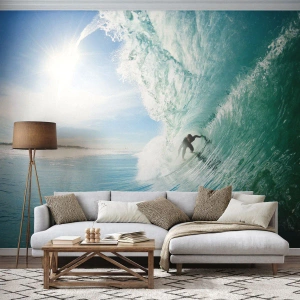 Fototapeta Premium Sand - Surfer w tunelu fali na tle błękitnego nieba - 100x70cm - Zawsze na fali - Nowoczesna dekoracja ścienna do salonu, kuchni i sypialni ARTTOR