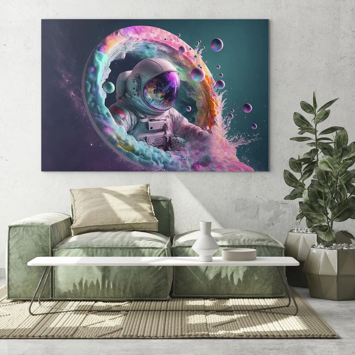 Obraz na szkle - Astronauta w kolorowej przestrzeni kosmicznej - 70x50cm - Gwiezdne wrota - Nowoczesna dekoracja ścienna do salonu i sypialni ARTTOR