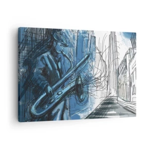 Obraz na płótnie - Postać grająca na saksofonie na tle miasta - 70x50cm - Miejska rapsodia - Nowoczesna dekoracja ścienna do salonu i sypialni ARTTOR