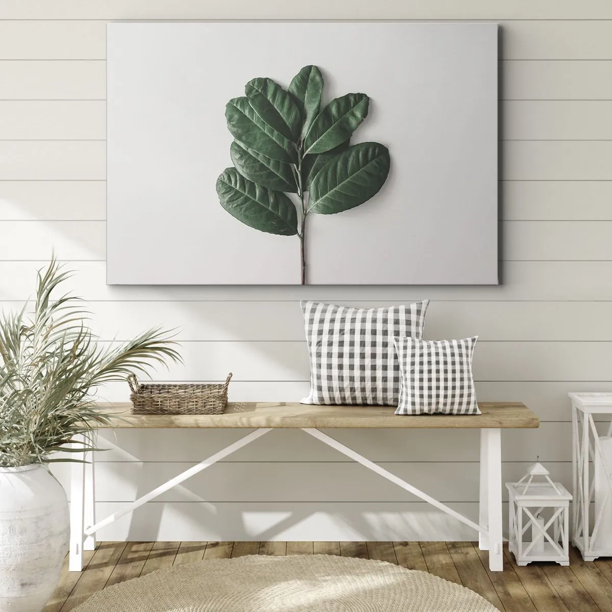 Obraz na płótnie - Gałązka zielonych liści na jasnym tle - 120x80cm - Rysunek samej natury - Nowoczesna dekoracja ścienna do salonu, kuchni i sypialni ARTTOR