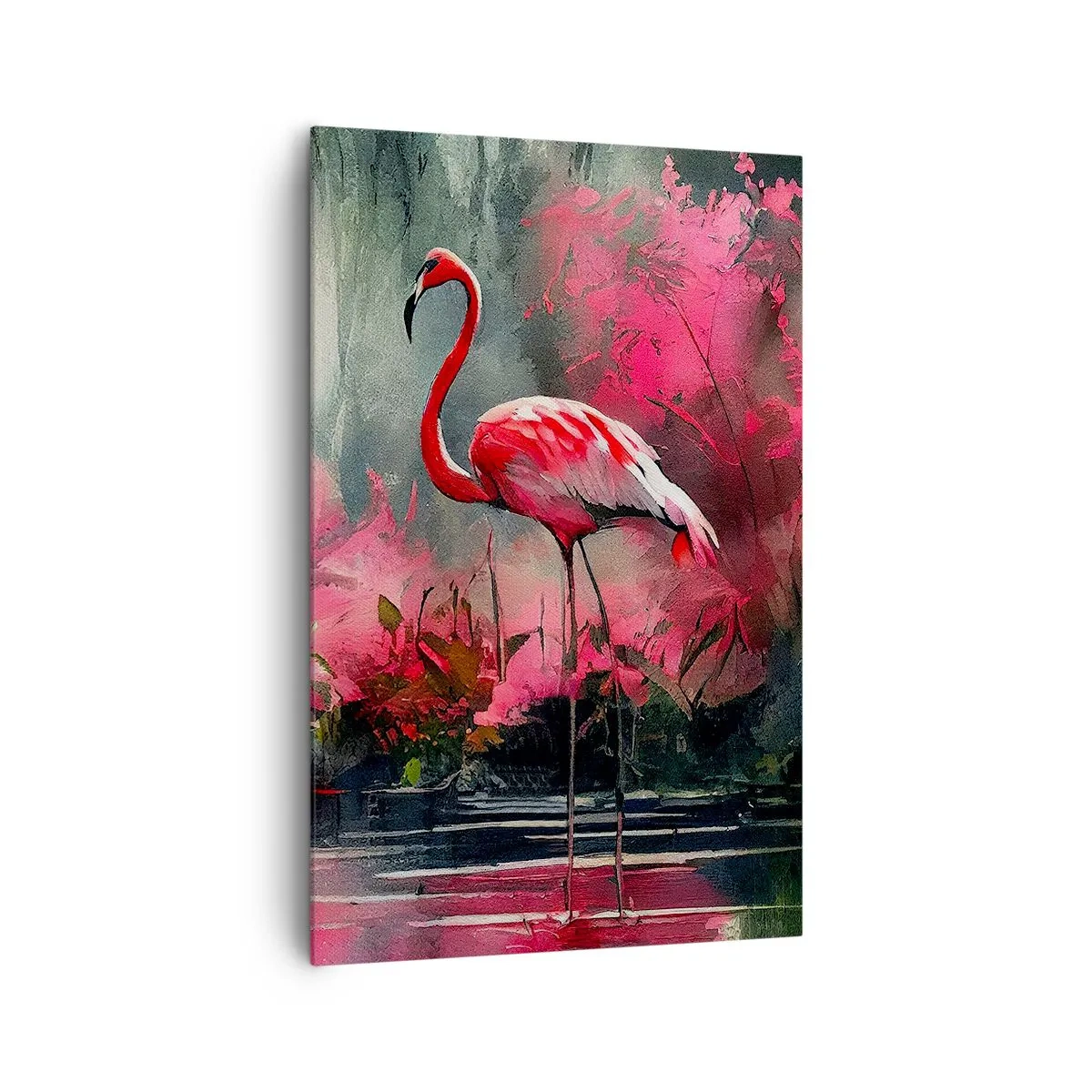 Obraz na płótnie - Flamingi nad wodą w otoczeniu roślinności - 80x120cm - Lekcja naturalnego wdzięku - Nowoczesna dekoracja ścienna do salonu i sypialni ARTTOR