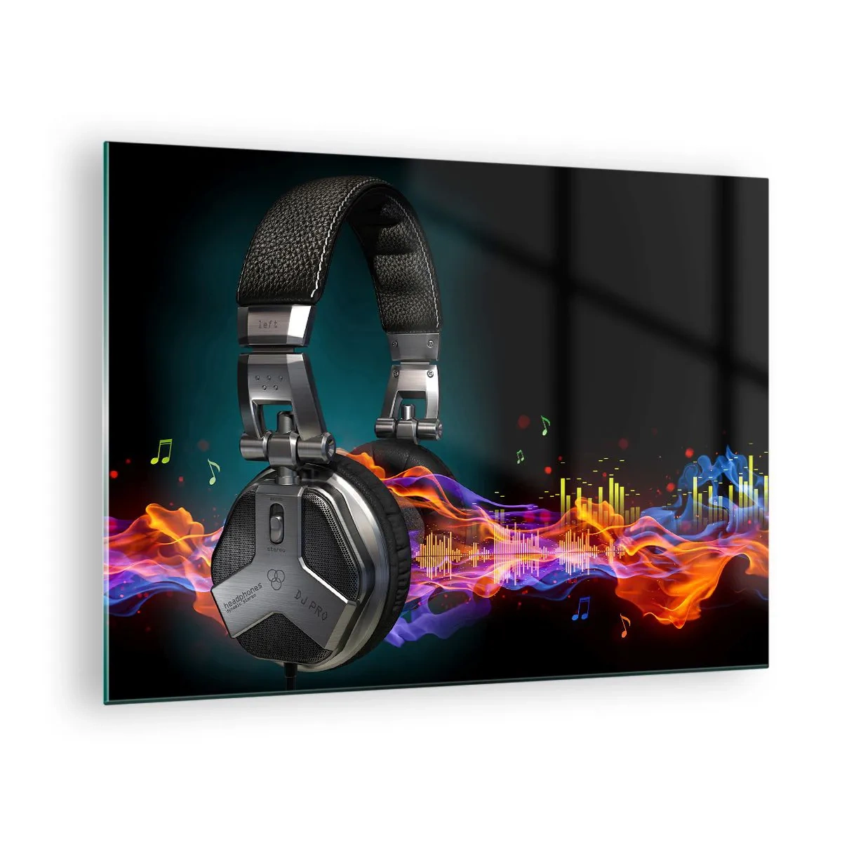 Obraz na szkle - Słuchawki DJ z kolorowymi falami dźwięku i nutami - 70x50cm - W ogniu muzyki - Nowoczesna dekoracja ścienna do salonu i sypialni ARTTOR