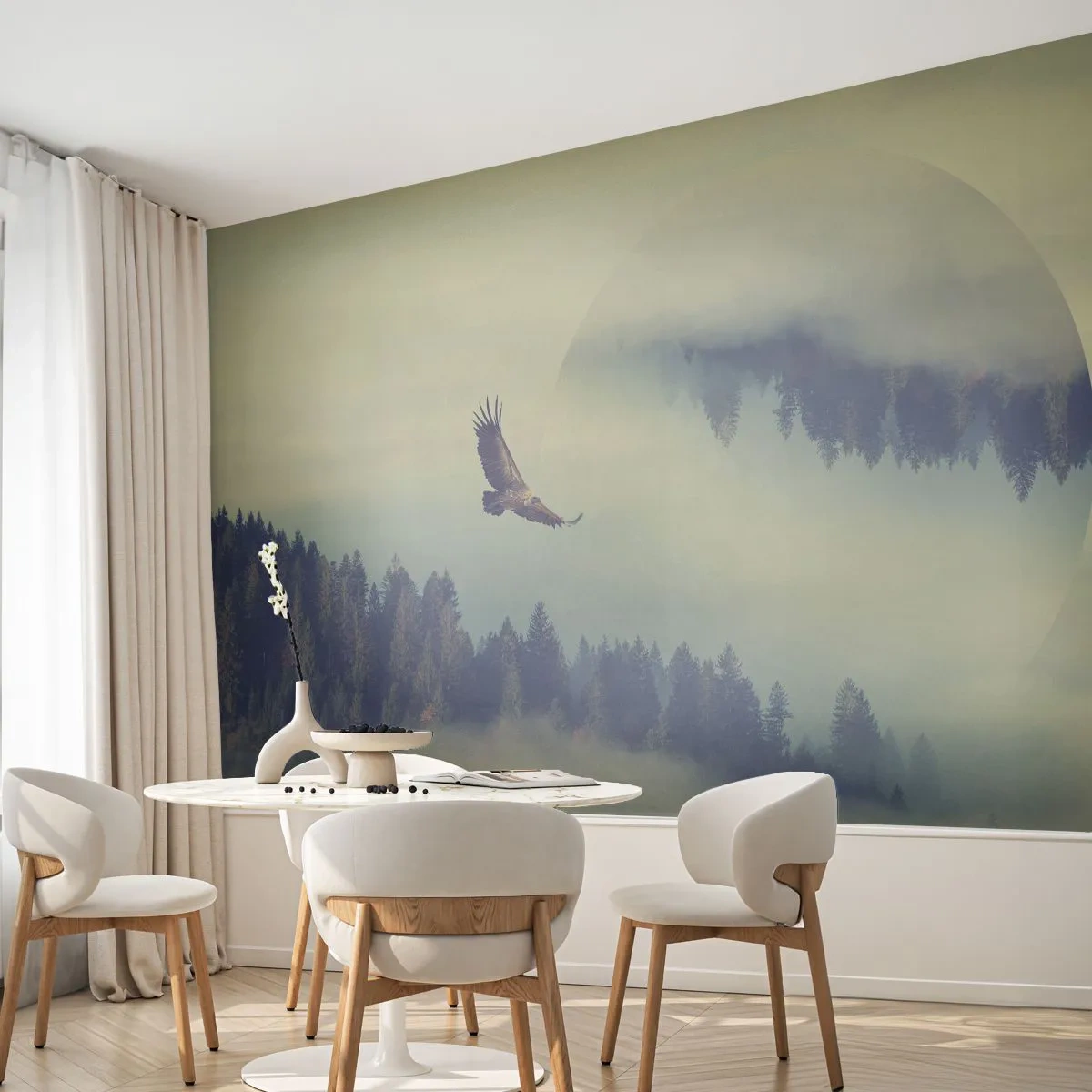 Fototapeta Premium Sand - Orzeł szybujący nad mglistym lasem - 100x70cm - Widziałam orła cień - Nowoczesna dekoracja ścienna do salonu, kuchni i sypialni ARTTOR