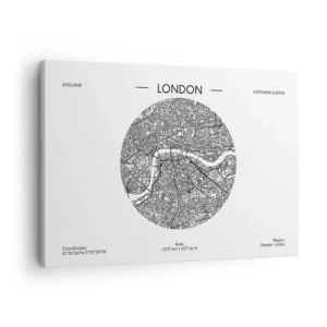 Obraz na płótnie - Minimalistyczna mapa Londynu w czarno-białej kolorystyce z precyzyjnymi detalami - 70x50cm - Anatomia Londynu - Nowoczesna dekoracja ścienna do salonu i sypialni ARTTOR