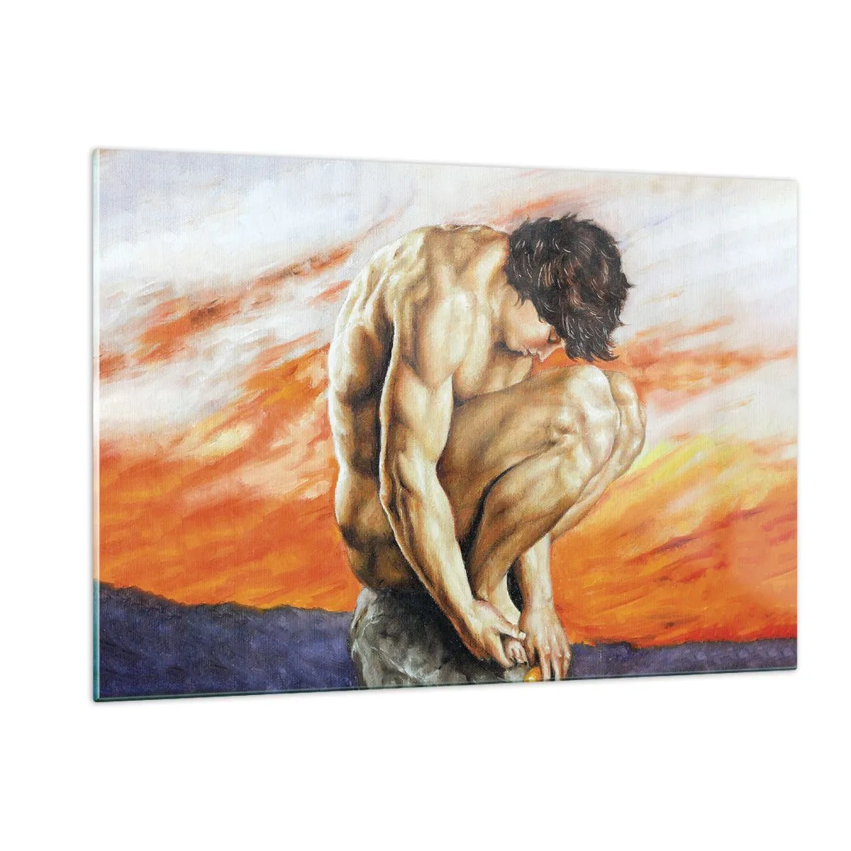 Obraz na szkle - Nagie ludzkie ciało na tle intensywnego pomarańczowego nieba - 120x80cm - Zatopiony w sobie - Nowoczesna dekoracja ścienna do salonu, kuchni i sypialni ARTTOR