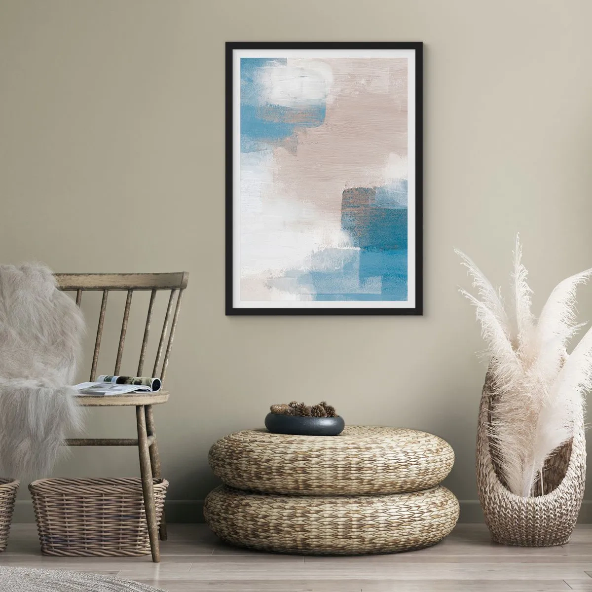 Plakat w czarnej ramie - Abstrakcyjna kompozycja w odcieniach błękitu i beżu - 50x70cm - Abstrakcja różowa za zasłoną błękitu - Nowoczesna dekoracja ścienna do salonu i sypialni ARTTOR