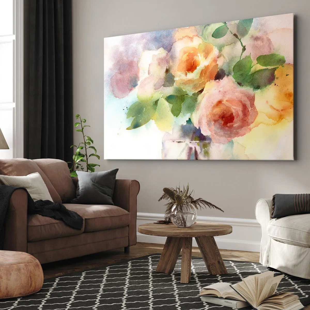Obraz na płótnie - Delikatne róże w akwarelowym stylu na jasnym tle - 100x70cm - Delikatne jak akwarela - Nowoczesna dekoracja ścienna do salonu, kuchni i sypialni ARTTOR