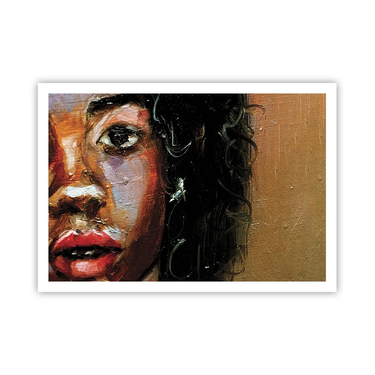 Plakat - Ekspresyjny portret kobiety w intensywnych barwach - 100x70cm - Czerń i blask - Nowoczesna dekoracja ścienna do salonu i sypialni ARTTOR