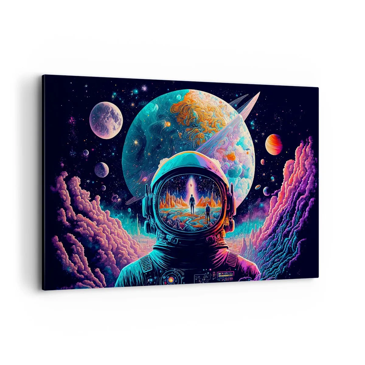 Obraz na płótnie - Astronauta w kosmosie z kolorowym pejzażem planetarnym - 120x80cm - Filozofom się nie śniło - Nowoczesna dekoracja ścienna do salonu, kuchni i sypialni ARTTOR