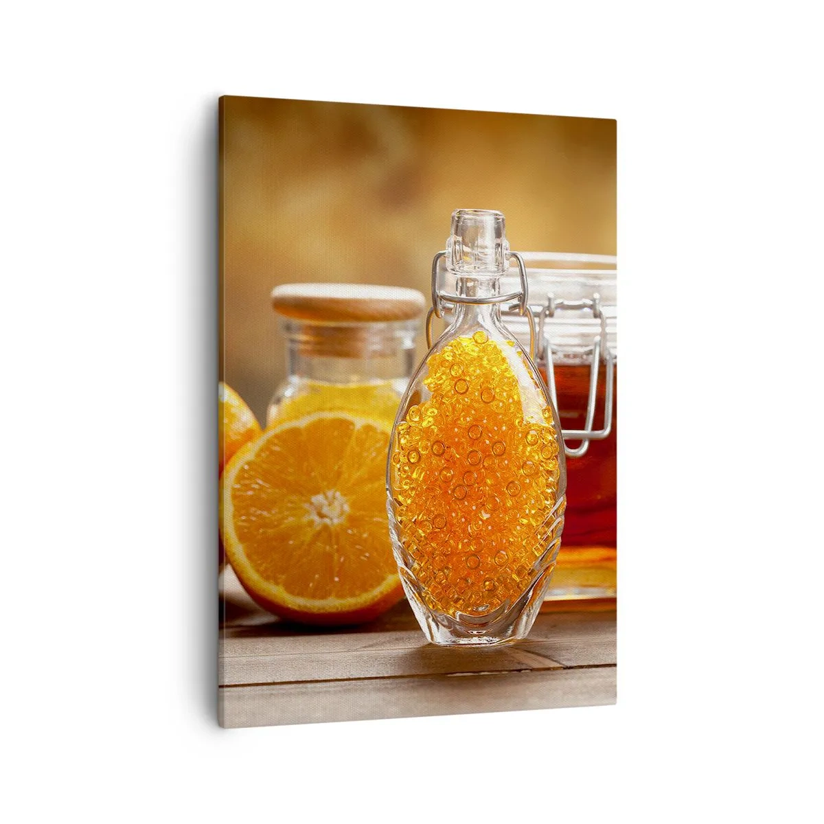 Obraz na płótnie - Butelka z pomarańczowymi perełkami i świeże owoce - 50x70cm - Słoneczne smaki i aromaty - Nowoczesna dekoracja ścienna do salonu, kuchni i sypialni ARTTOR
