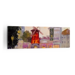 Obraz na płótnie - Czerwony wiatrak Moulin Rouge otoczony miejskim pejzażem - 160x50cm - Paryskie ikony – Moulin Rouge - Nowoczesna dekoracja ścienna do salonu i sypialni ARTTOR