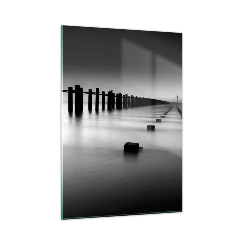Obraz na szkle - Minimalistyczny pomost na spokojnej wodzie w czerni i bieli - 50x70cm - Szara dal we mgle - Nowoczesna dekoracja ścienna do salonu, kuchni i sypialni ARTTOR
