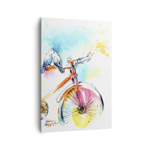 Obraz na płótnie - Kolorowa akwarela roweru z siedzącymi ptakami - 70x100cm - We dwoje na rowerze - Nowoczesna dekoracja ścienna do salonu i sypialni ARTTOR