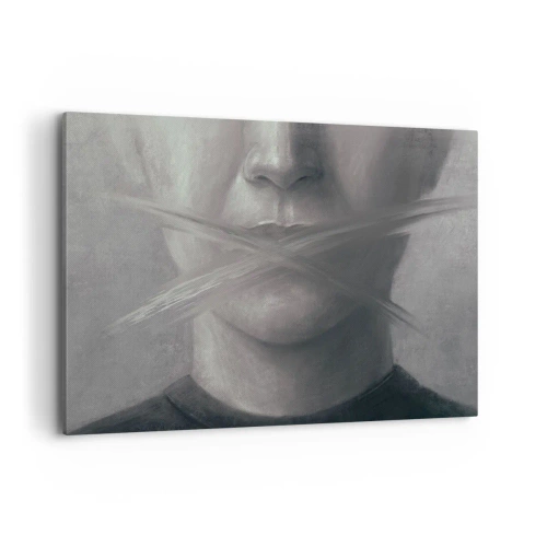 Obraz na płótnie - Symboliczny portret z zamazanymi ustami w szarej tonacji - 120x80cm - Ani słowa - Nowoczesna dekoracja ścienna do salonu, kuchni i sypialni ARTTOR