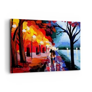 Obraz na płótnie - Jesienny spacer alejką z widokiem na wodę - 100x70cm - Płomienna jesień w parku - Nowoczesna dekoracja ścienna do salonu, kuchni i sypialni ARTTOR