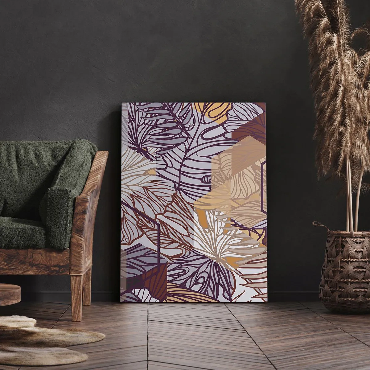 Obraz na płótnie - Abstrakcyjny wzór liści w odcieniach fioletu, brązu i beżu - 50x70cm - Związek niemozliwy geometrii i natury - Nowoczesna dekoracja ścienna do salonu, kuchni i sypialni ARTTOR