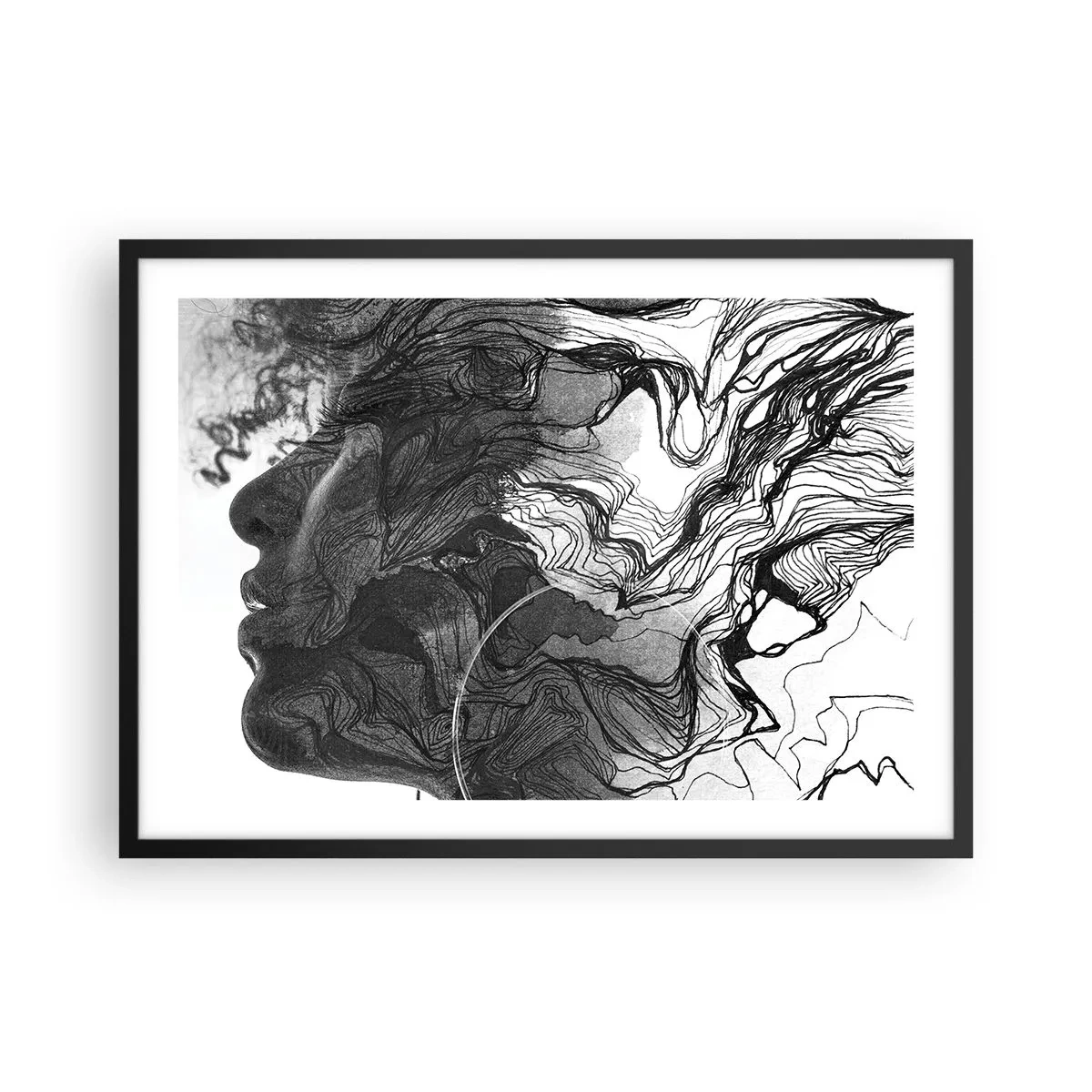 Plakat w czarnej ramie - Abstrakcyjna twarz w czerni i bieli z dynamicznymi liniami - 70x50cm - Zaplątana w marzeniach - Nowoczesna dekoracja ścienna do salonu i sypialni ARTTOR