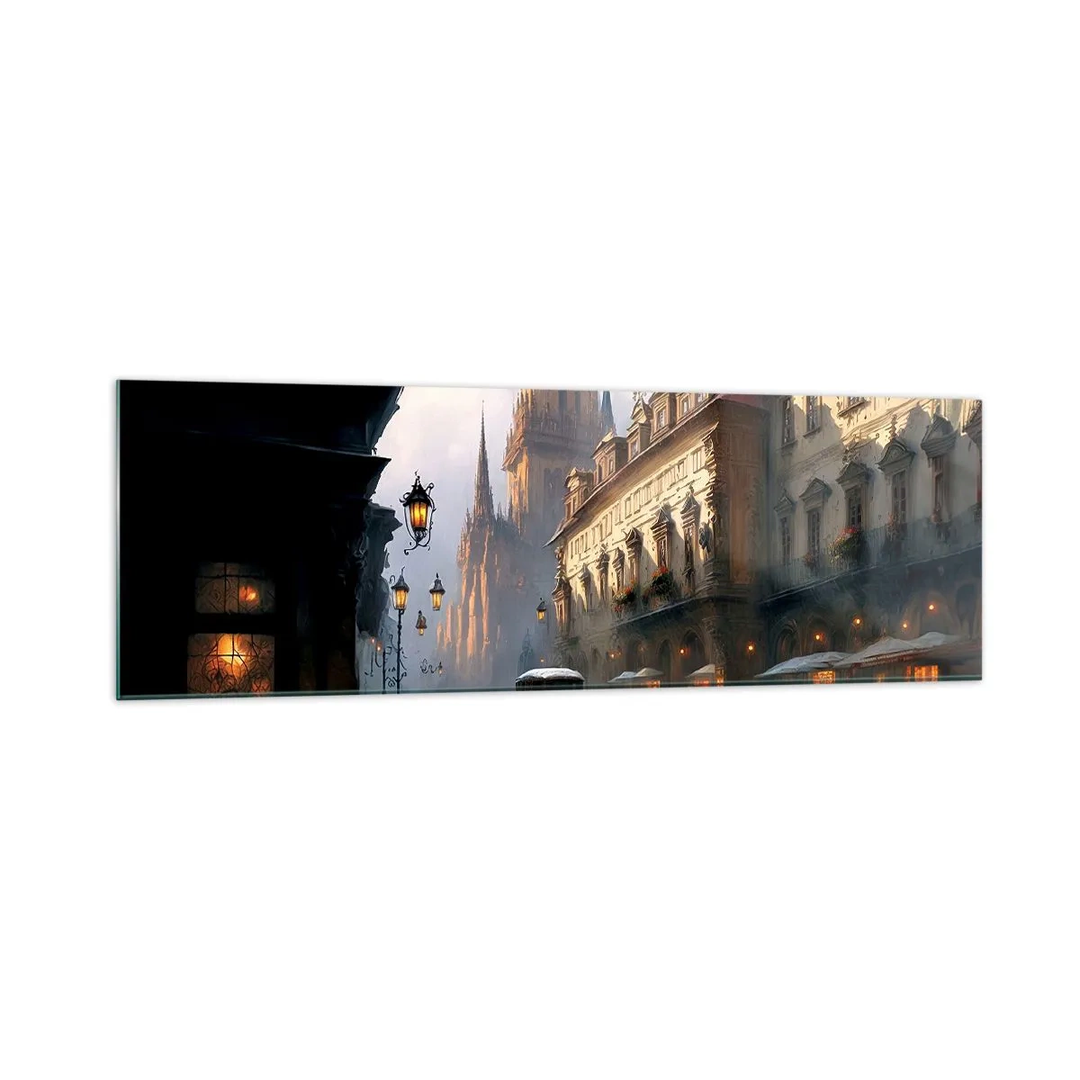 Obraz na szkle - Wieczorna scena uliczna z zabytkową architekturą - 160x50cm - Czar praskiego wieczoru - Nowoczesna dekoracja ścienna do salonu i sypialni ARTTOR