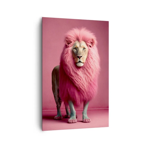 Obraz na płótnie - Lew z różową grzywą na różowym tle w artystycznym ujęciu - 80x120cm - I już się nie boisz - Nowoczesna dekoracja ścienna do salonu i sypialni ARTTOR