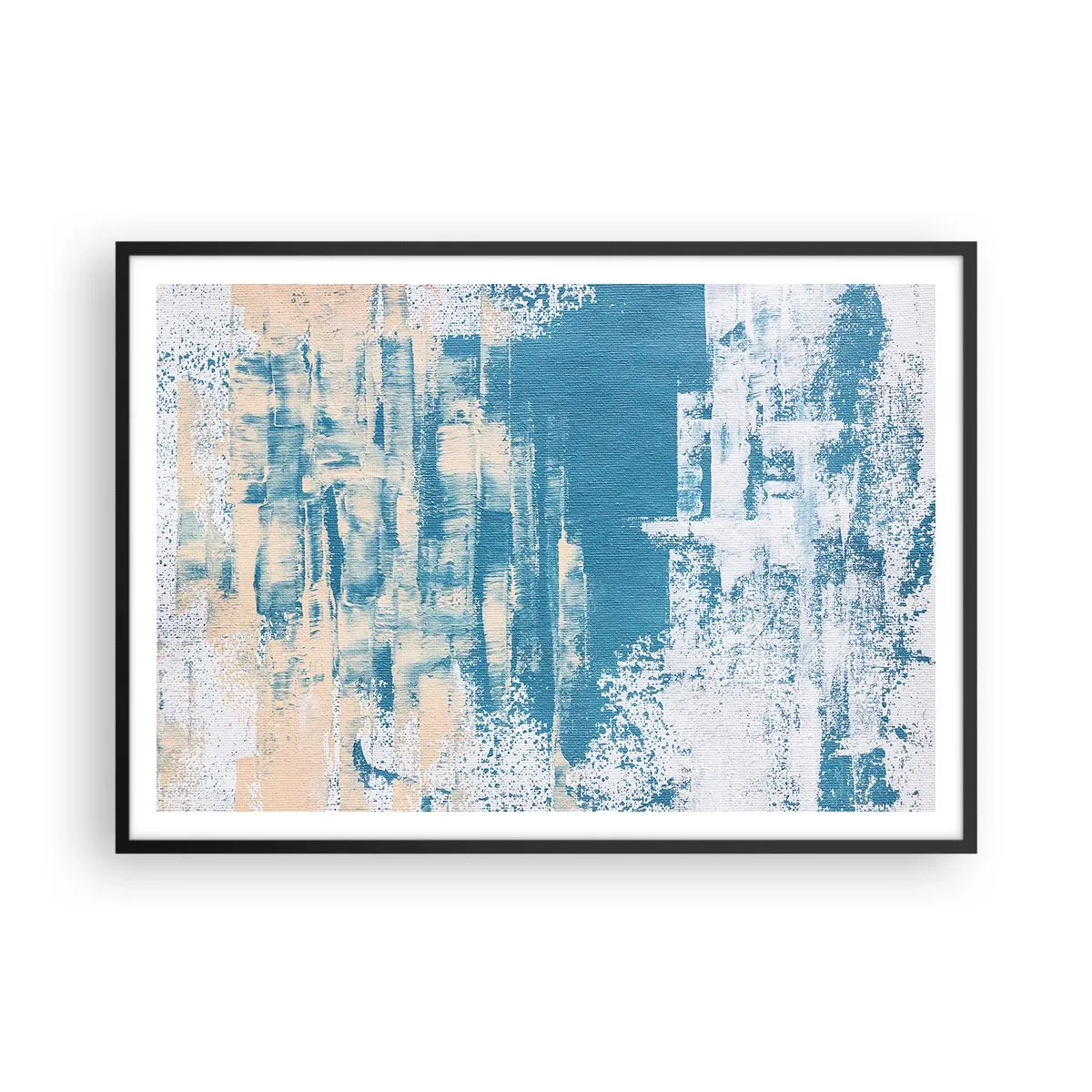 Plakat w czarnej ramie - Abstrakcyjna kompozycja w odcieniach błękitu i bieli - 100x70cm - Przez lodowy sopel - Nowoczesna dekoracja ścienna do salonu i sypialni ARTTOR