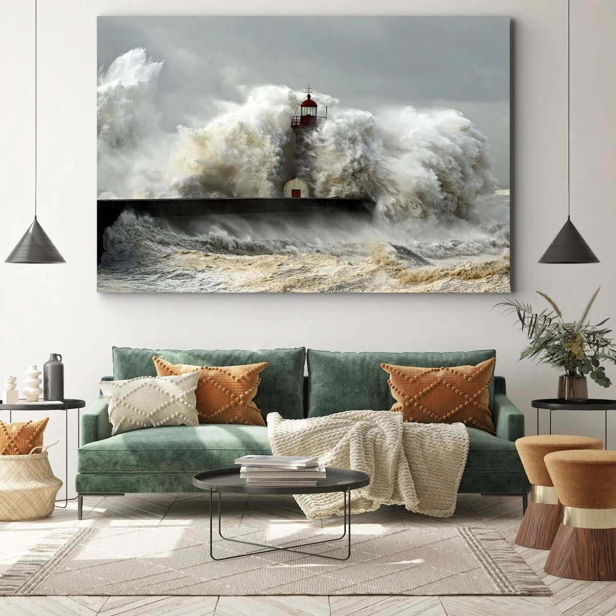 Obraz na płótnie - Latarnia morska otoczona wzburzonymi falami podczas sztormu - 70x50cm - Gniew oceanu - Nowoczesna dekoracja ścienna do salonu i sypialni ARTTOR