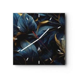 Zegar ścienny - Eleganckie liście w złotych i granatowych odcieniach - 30x30cm - Złotem podszyte - Nowoczesna dekoracja ścienna do salonu i sypialni ARTTOR