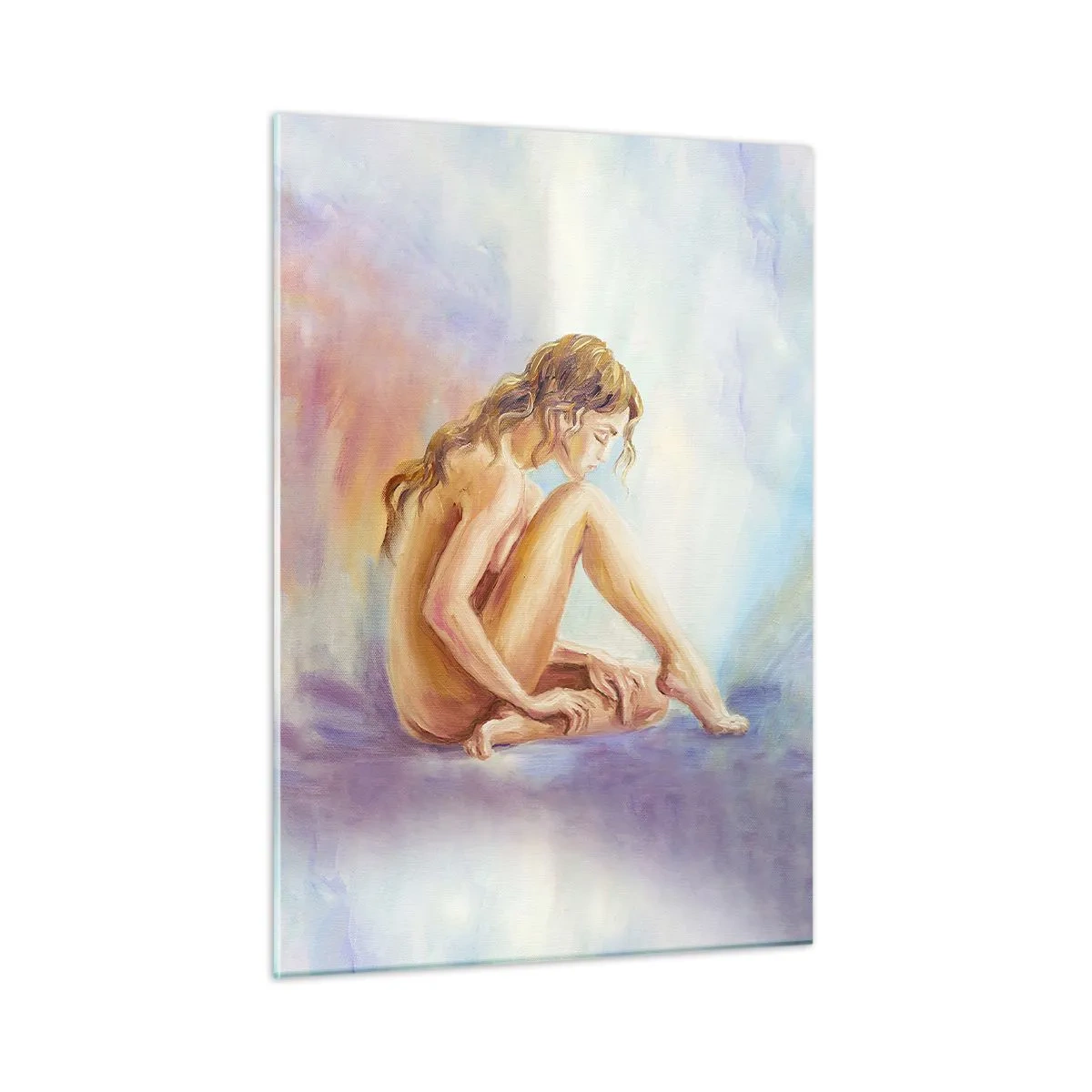 Obraz na szkle - Kobieta w subtelnej refleksji na tle pastelowych barw - 50x70cm - Akt młodości - Nowoczesna dekoracja ścienna do salonu, kuchni i sypialni ARTTOR