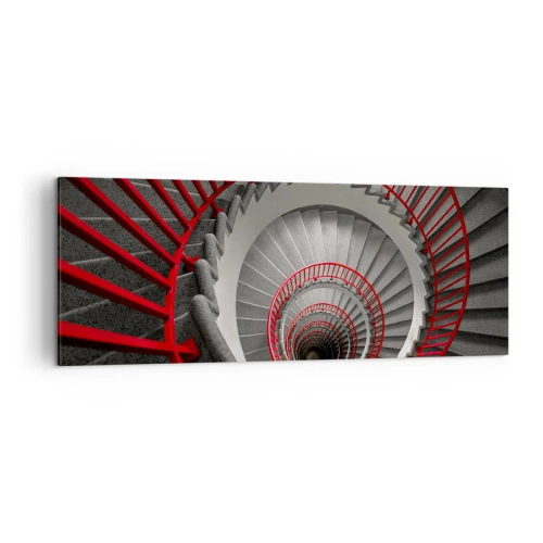 Obraz na płótnie - Spiralne schody z czerwonymi poręczami w dynamicznej perspektywie - 140x50cm - Zabawy architektury - Nowoczesna dekoracja ścienna do salonu i sypialni ARTTOR