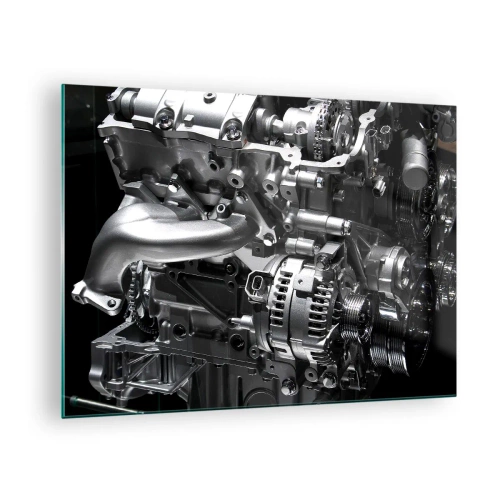 Obraz na szkle - Szczegóły metalowego silnika na czarnym tle - 70x50cm - Stalowy, piękny, silny - Nowoczesna dekoracja ścienna do salonu i sypialni ARTTOR