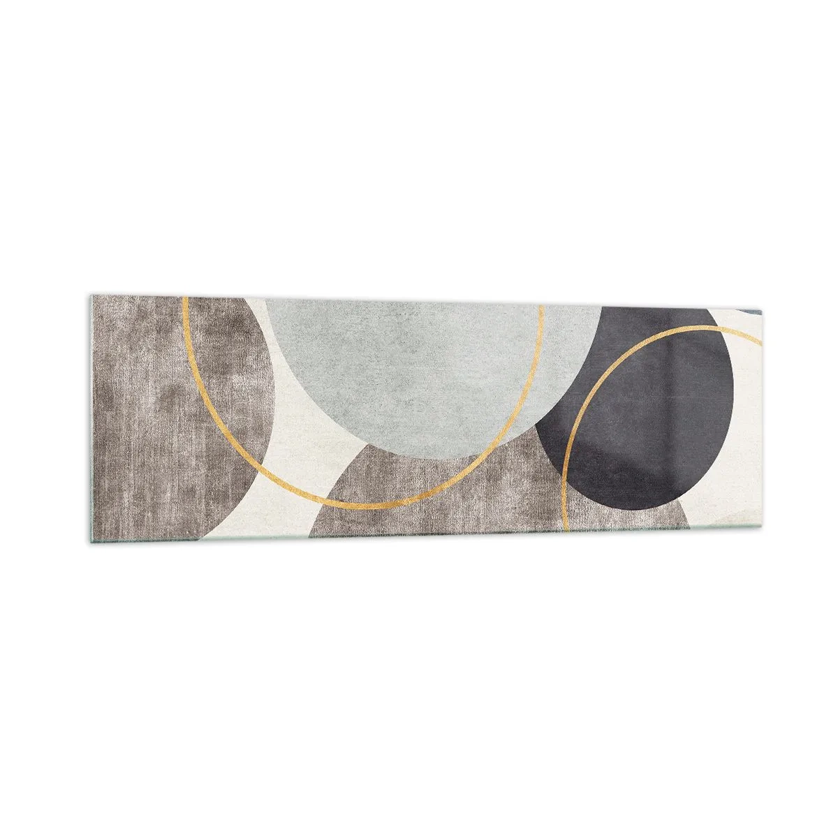 Obraz na szkle - Geometryczne okręgi w odcieniach szarości, błękitu i złota - 160x50cm - Koło za kołem - Nowoczesna dekoracja ścienna do salonu i sypialni ARTTOR