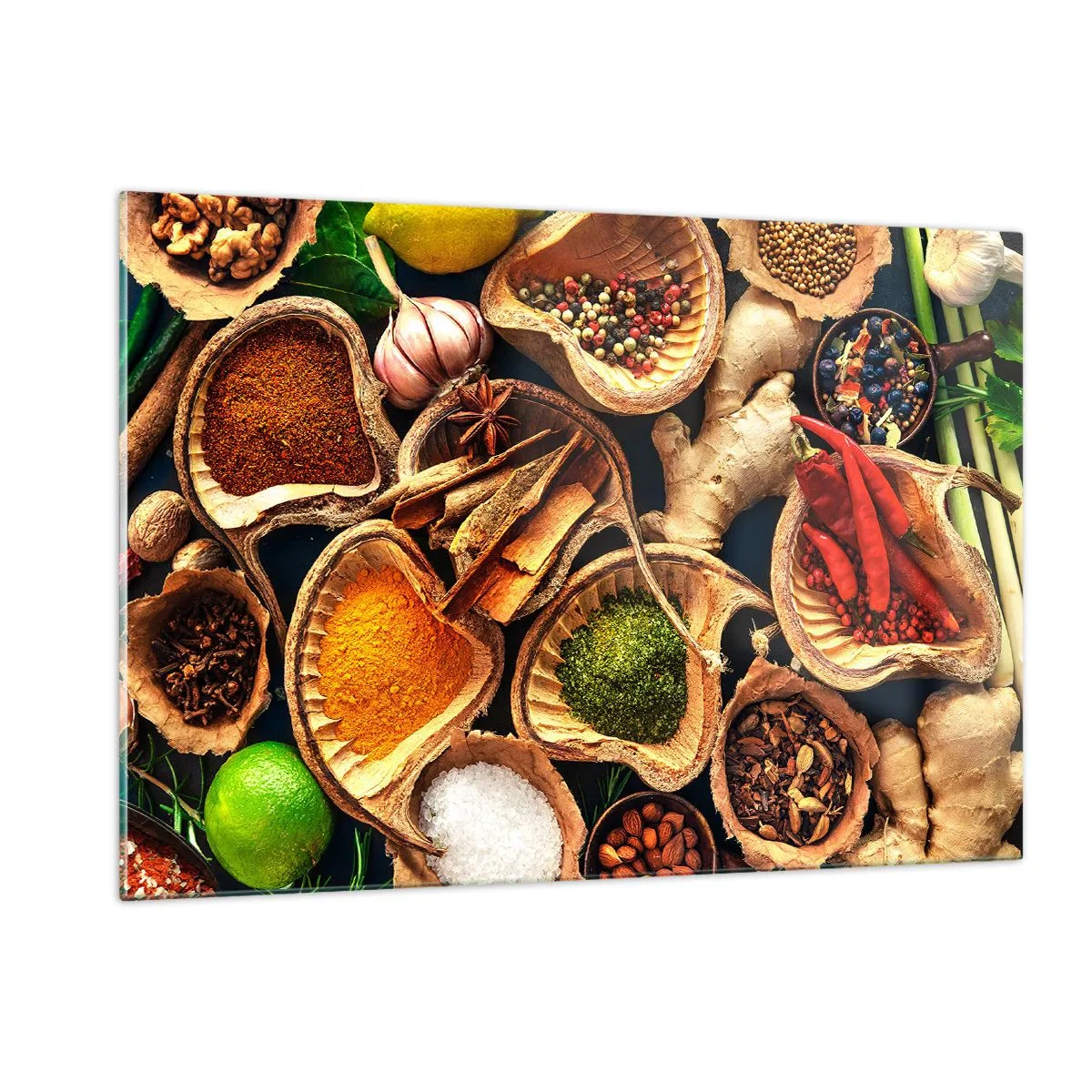 Obraz na szkle - Kolorowe przyprawy w naturalnych pojemnikach z dodatkami - 120x80cm - Bierz, co chcesz - Nowoczesna dekoracja ścienna do salonu, kuchni i sypialni ARTTOR