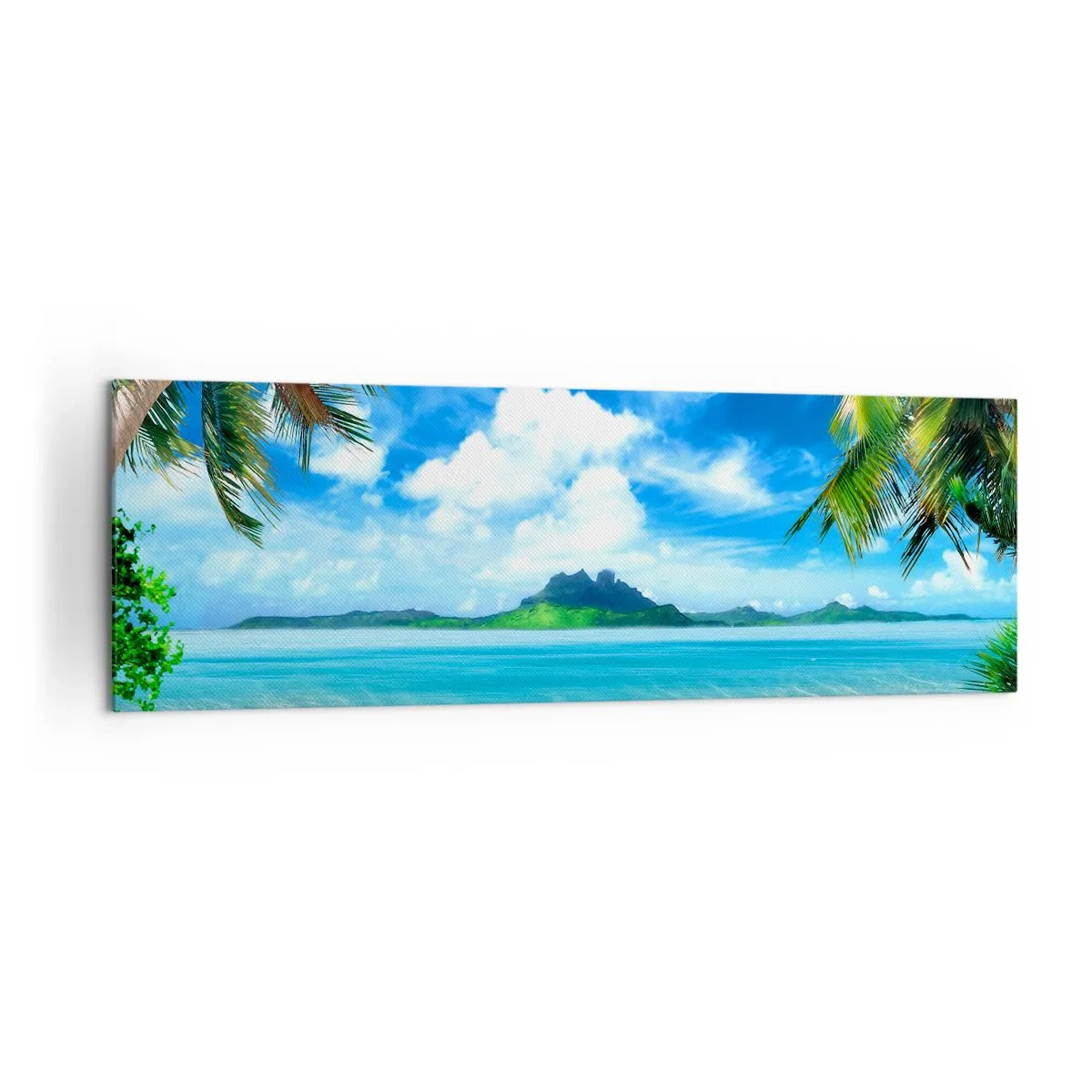 Obraz na płótnie - Tropikalna plaża z palmami i widokiem na wyspę - 160x50cm - Lazur tropików - Nowoczesna dekoracja ścienna do salonu i sypialni ARTTOR