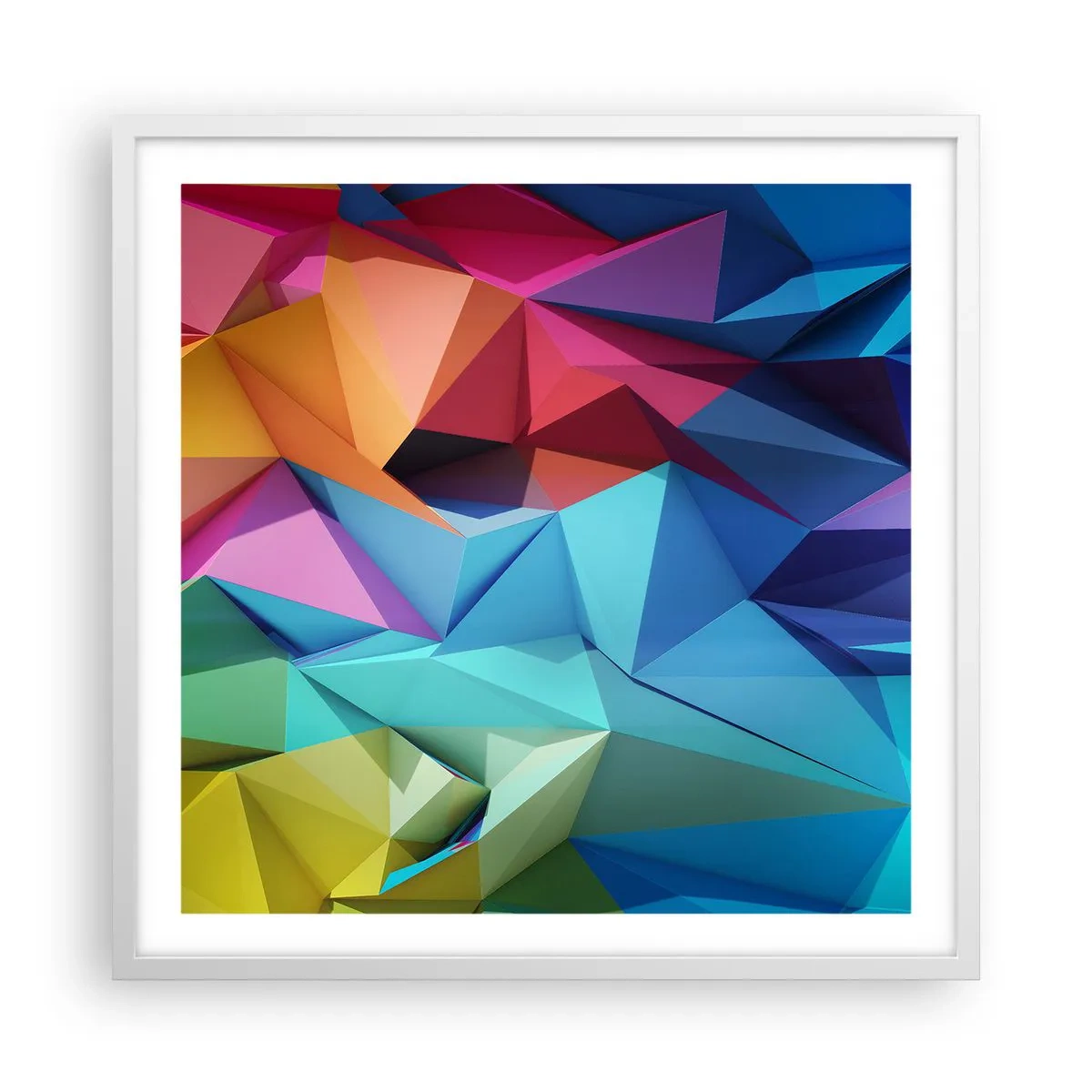 Plakat w białej ramie - Tęczowe origami - 60x60 cm