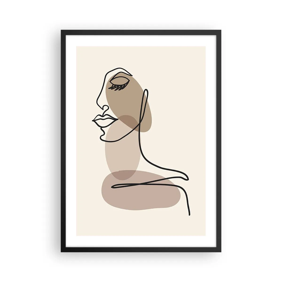 Plakat w czarnej ramie - Minimalistyczny portret kobiety w abstrakcyjnych brązach - 50x70cm - Pewna linia piękna - Nowoczesna dekoracja ścienna do salonu i sypialni ARTTOR