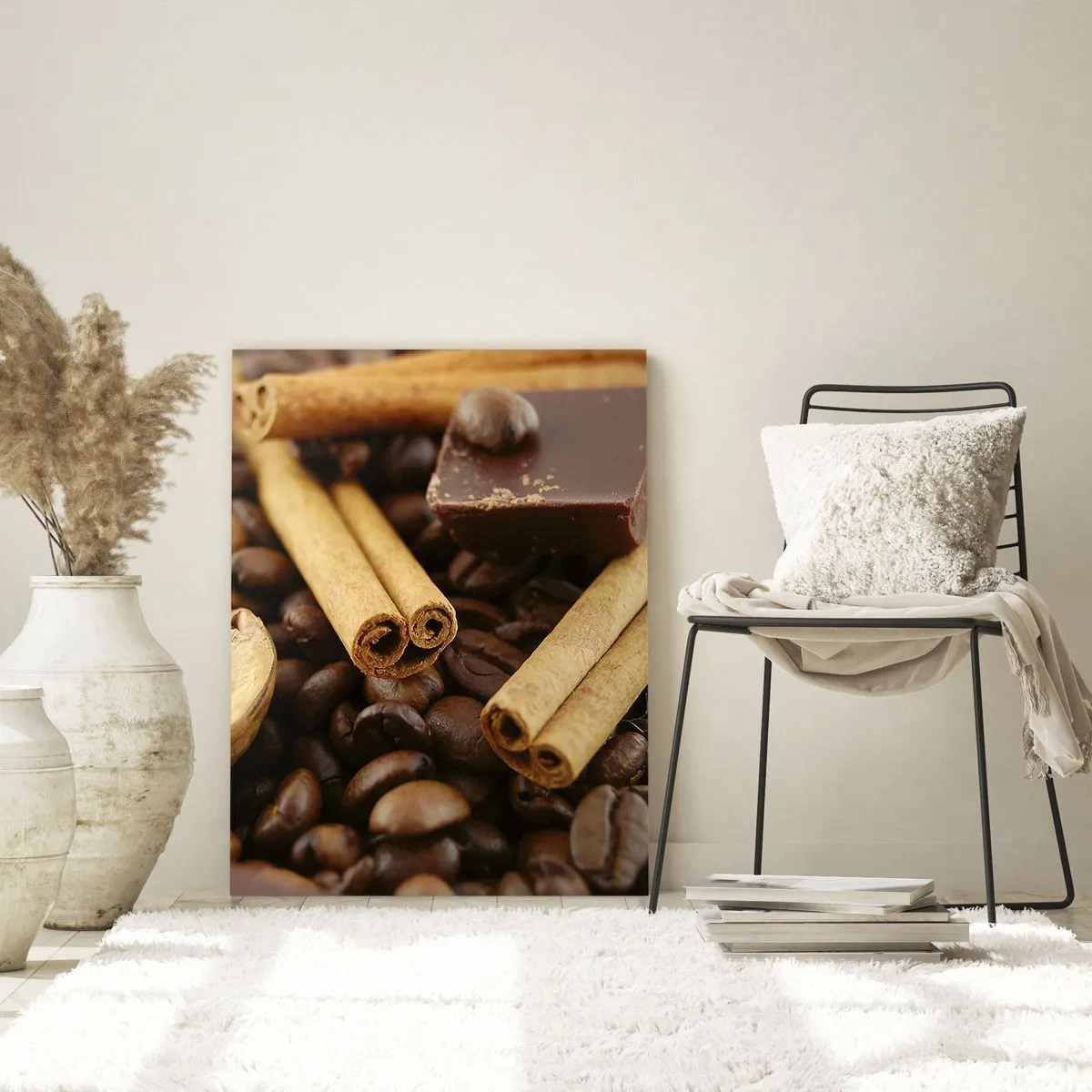 Obraz na szkle - Ziarna kawy z laskami cynamonu, czekoladą i orzechem włoskim. - 70x100cm - Koncert aromatów - Nowoczesna dekoracja ścienna do salonu i sypialni ARTTOR
