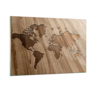 Obraz na szkle - Mapa świata wycięta w drewnianej powierzchni - 120x80cm - Świat podany na stole - Nowoczesna dekoracja ścienna do salonu, kuchni i sypialni ARTTOR