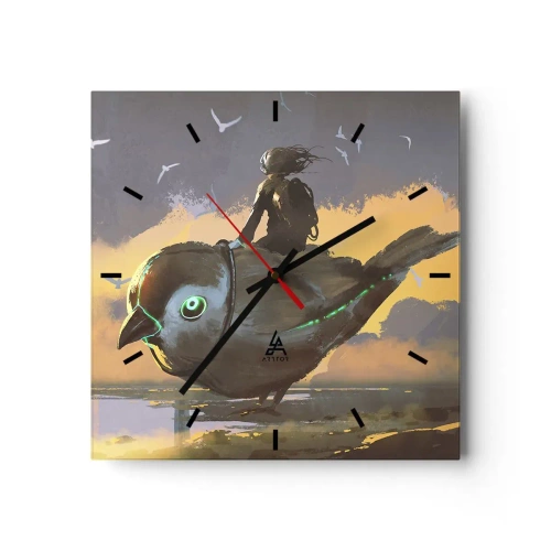 Zegar ścienny - Jeździec na gigantycznym ptaku w surrealistycznym krajobrazie - 30x30cm - Przystanek w fantastycznej podróźy - Nowoczesna dekoracja ścienna do salonu i sypialni ARTTOR